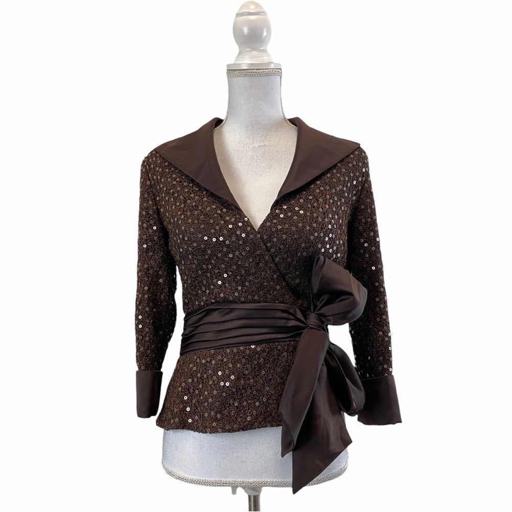 Tadashi Shoji Collection Brown Collared Sequins Zip Back Evening Elegant Jacket